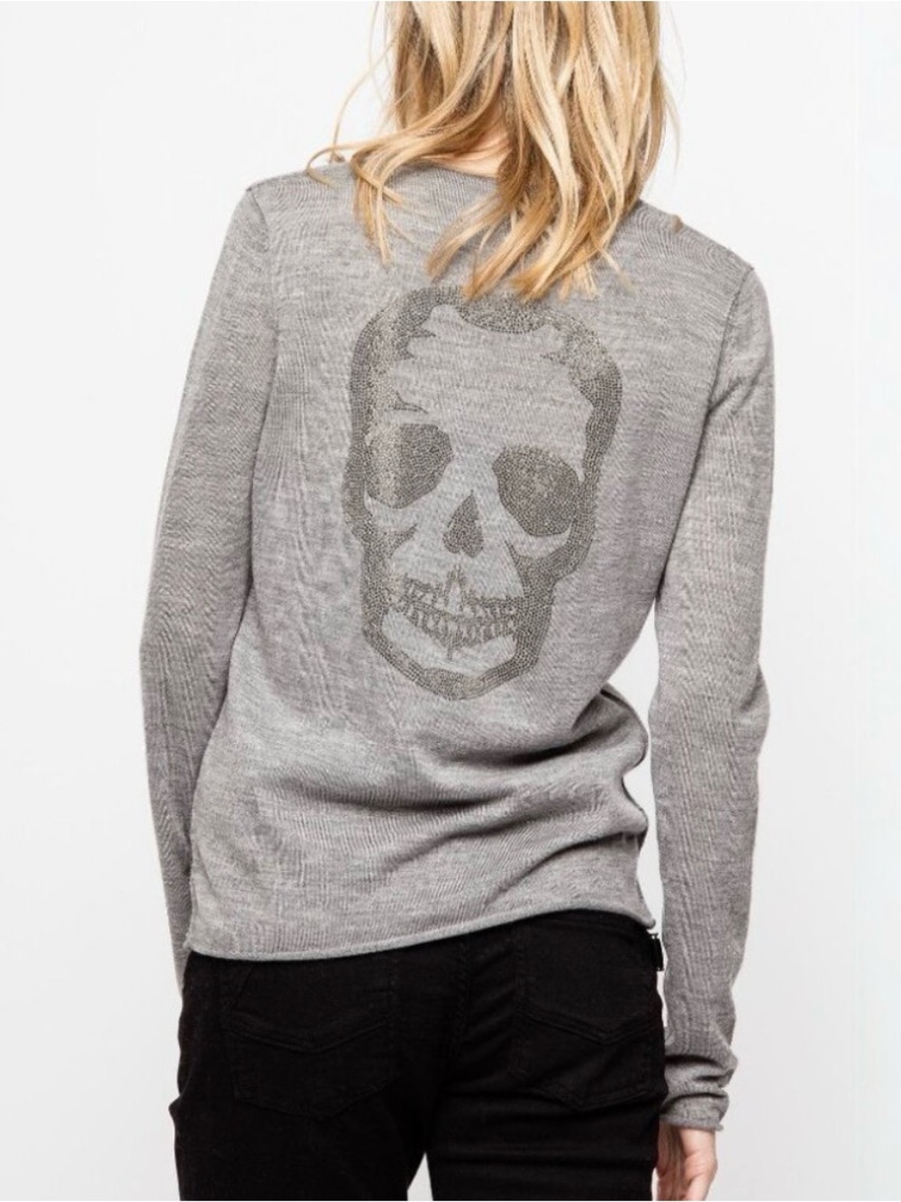 Zadig & Voltaire Nofstra Bid Gray Skull Back Cotton Knit Sweater